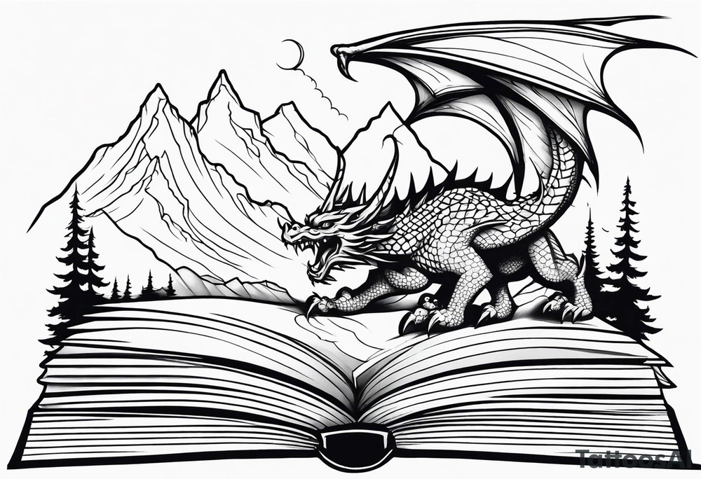 an open fantasy book. a flying dragon with scales and four legs. a castle. three mountain peaks tattoo idea