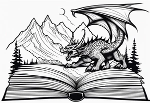 an open fantasy book. a flying dragon with scales and four legs. a castle. three mountain peaks tattoo idea