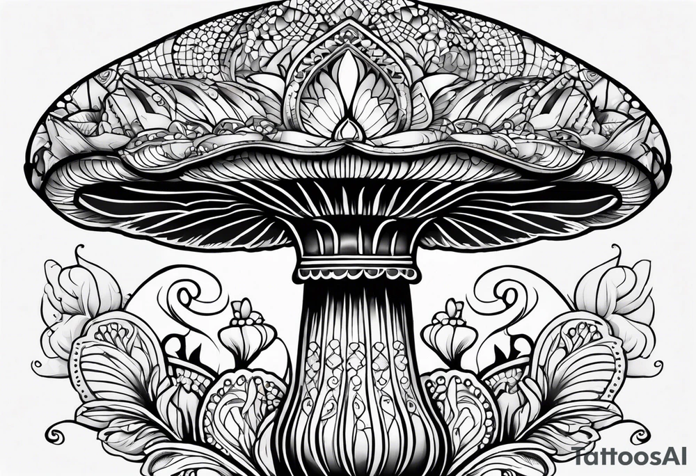 Black mushroom tattoo with henna style mandala design surrounding it tattoo idea