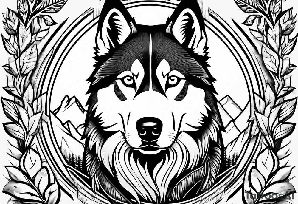 husky with compas and trees tattoo idea