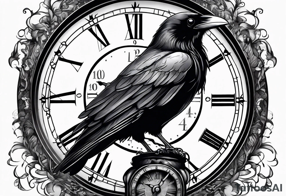 raven perched on clock tattoo idea