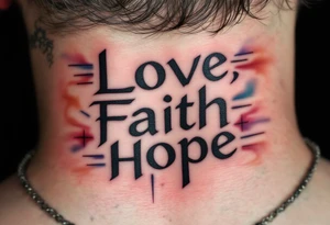 "Love, Faith, Hope" in stacked formation with thin black bars separating each word and soft gradient fills inside. tattoo idea