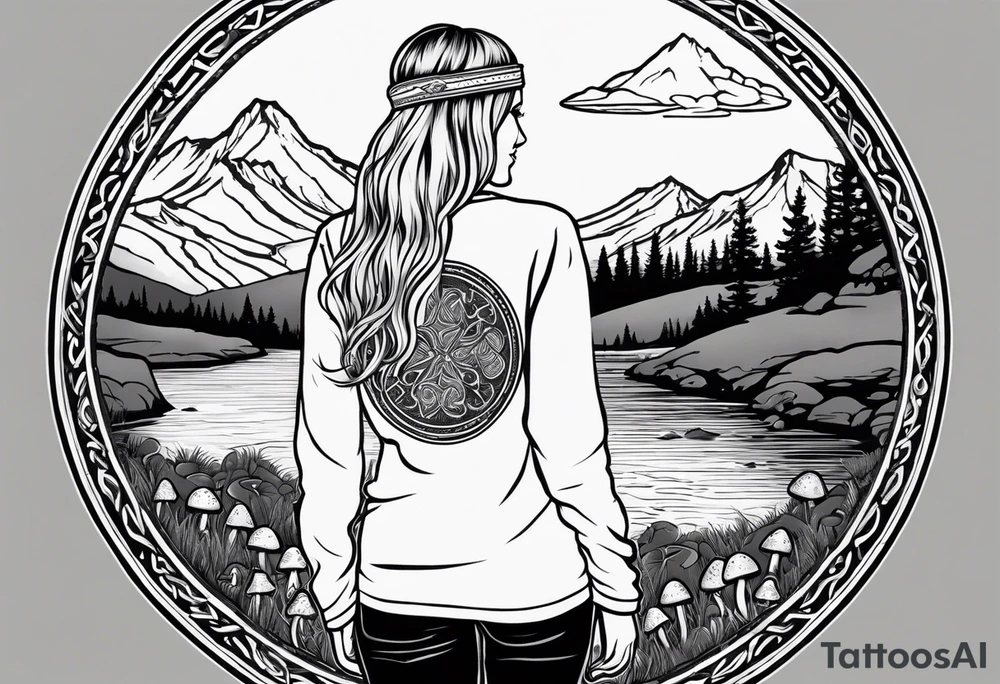 Whole picture encircled fully

Straight long blonde hair hippie girl in distance holding mushrooms in hand facing away toward mountains and creek surrounded by mushrooms long sleeve shirt and hiking pants; whole rendering within a full celtic circle border, no cut off circle tattoo idea
