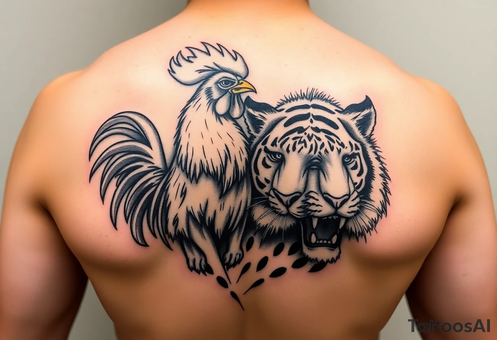 Rooster dog and tiger together tattoo idea
