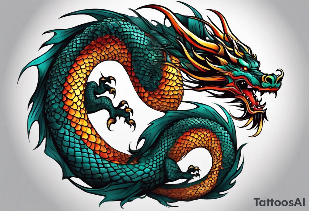 An epic floating asian dragon. Its long body coiling dynamically, with scales and horns detailed to create a sense of movement and strength. The dragon's color is giving a vibrant depth and a mystical aura. This tattoo highlights the dragon’s fierce expression and sharp claws. tattoo idea