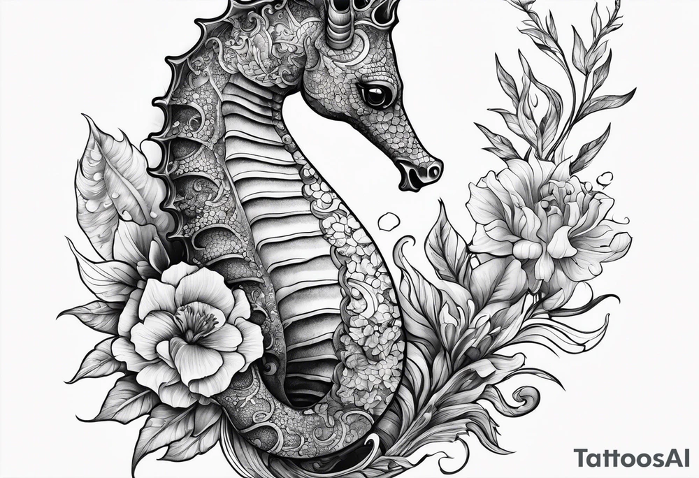 Seahorse arm tattoo with plants and sea life tattoo idea