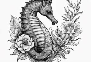 Seahorse arm tattoo with plants and sea life tattoo idea