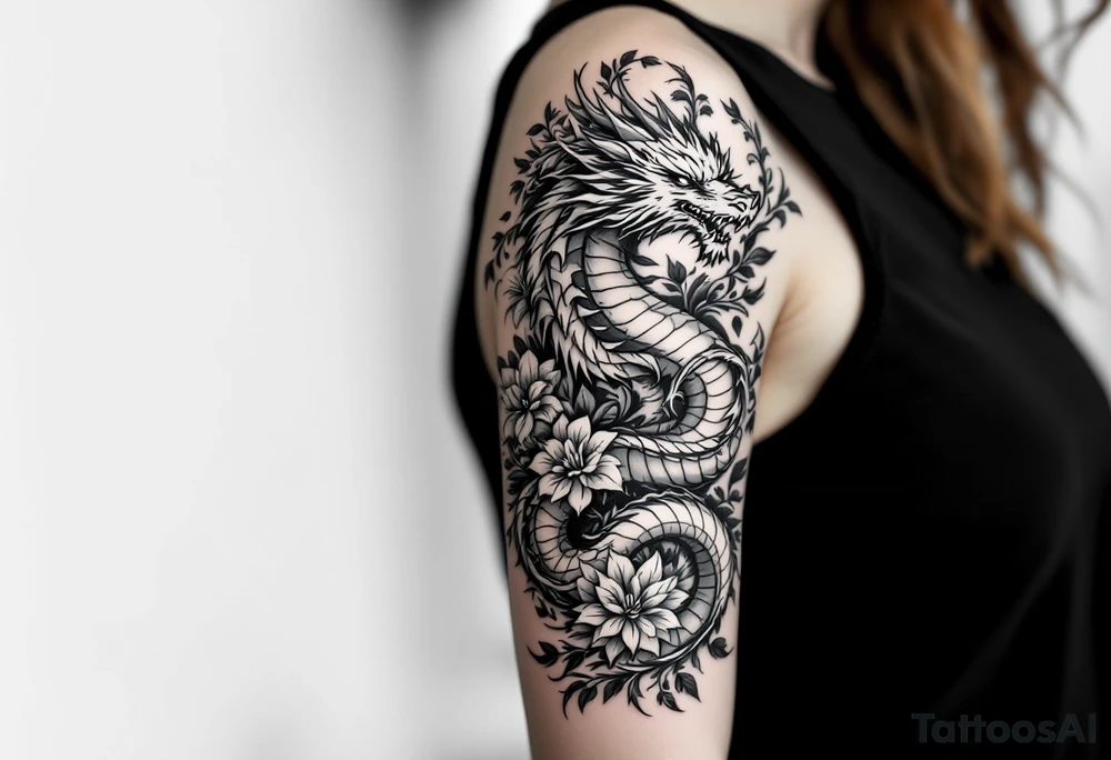 un dragon central entouré de fleurs de lys tattoo idea