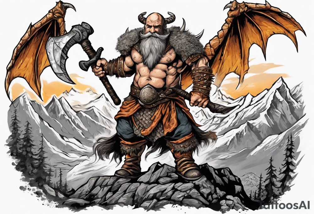 dwarven warrior with a war axe fighting against a dragon in the mountains as the sun is rising tattoo idea