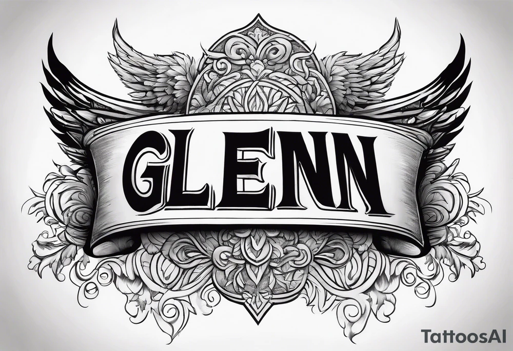 The word Glenn on a banner with angel Wings tattoo idea