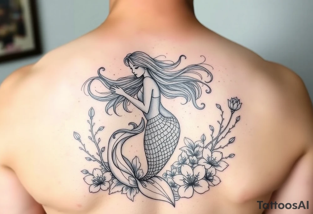 ethereal mermaid with flowing hair among coral and sea flowers tattoo idea