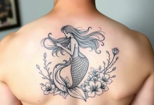 ethereal mermaid with flowing hair among coral and sea flowers tattoo idea