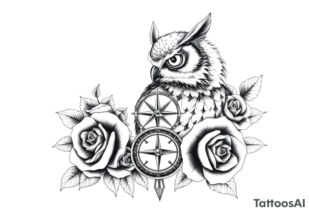 an owl,compass,roses, tattoo idea
