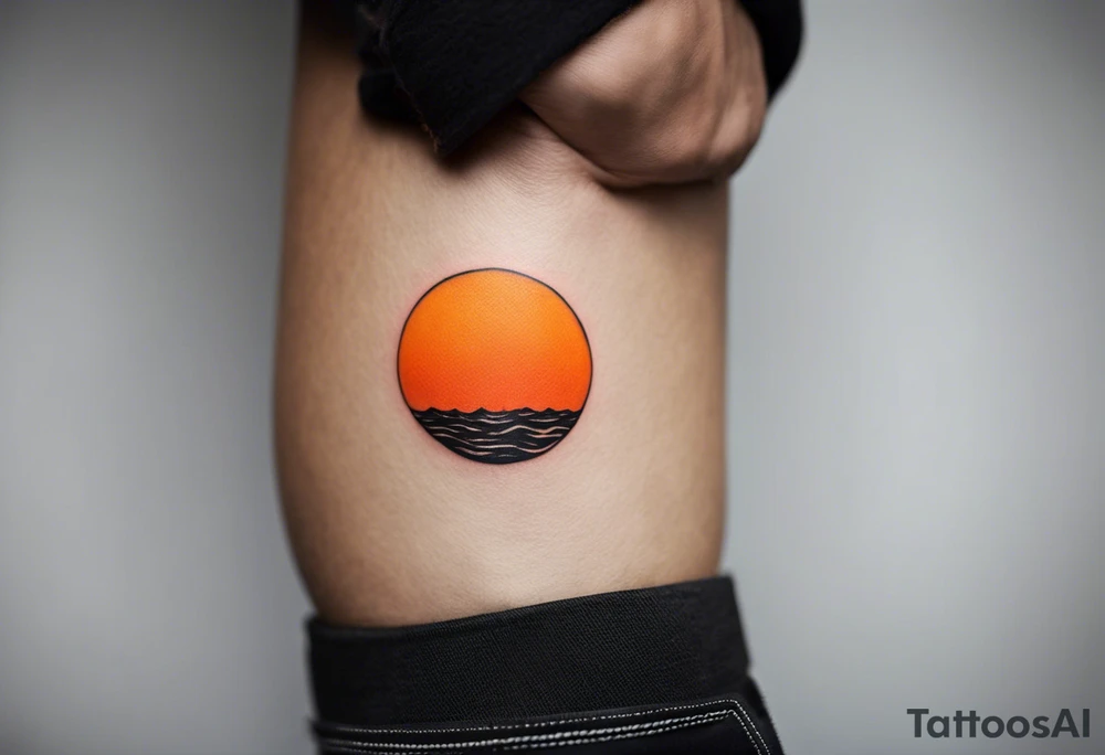 This is an extremely simple and minimalistic tattoo on male forearm. It is black and white with minuscule splashes of orange from the sun. The tattoo 4 inches wide by 2 inches tall. I is NOT a circle. From the perspective of being on the ocean, Water is calm, with no waves in sight, the sun is setting behind the ocean, reflecting light onto the ocean. tattoo idea