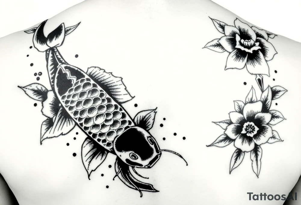 2004 in bold with big koi fish and Japanese blossoms tattoo idea