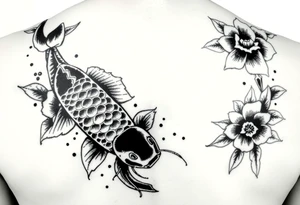 2004 in bold with big koi fish and Japanese blossoms tattoo idea