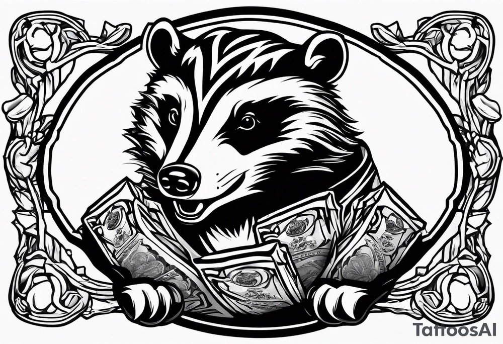 Angry badger with mouth open holding bag of chips tattoo idea