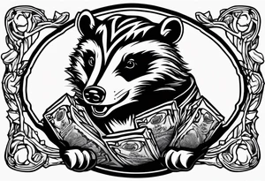 Angry badger with mouth open holding bag of chips tattoo idea