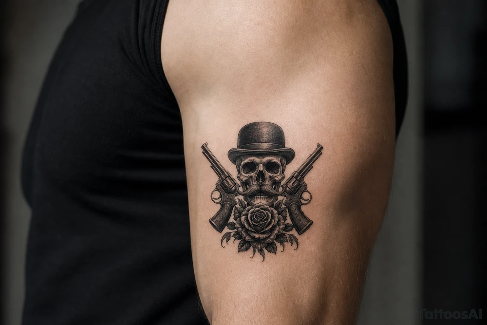 Gothic skull with bowler hat and handlebar mustache, antique revolvers, dark roses. tattoo idea