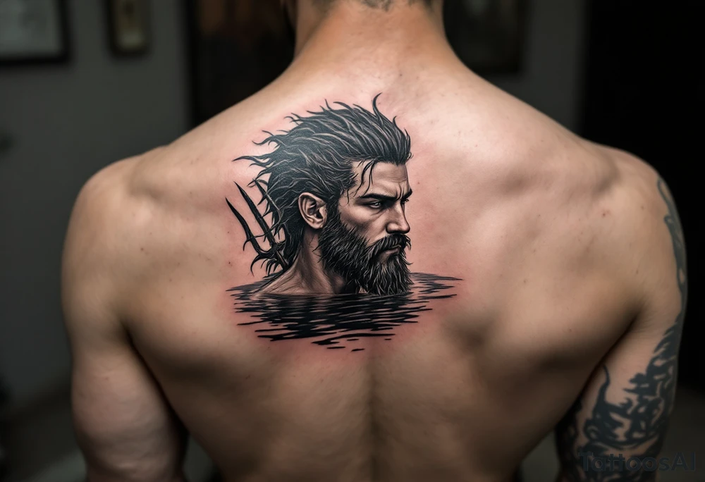 fit young poseidon, with trident, in calm water tattoo idea