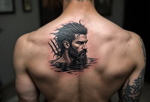 fit young poseidon, with trident, in calm water tattoo idea