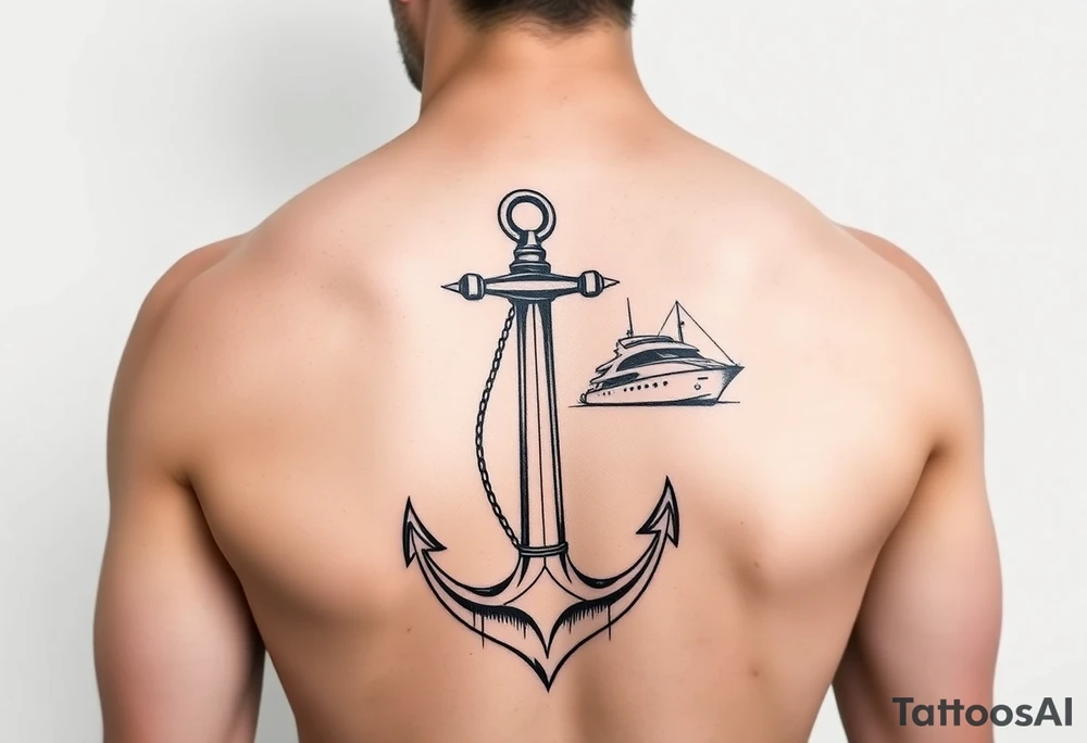 bold man with anchor and yacht
put on arm tattoo idea