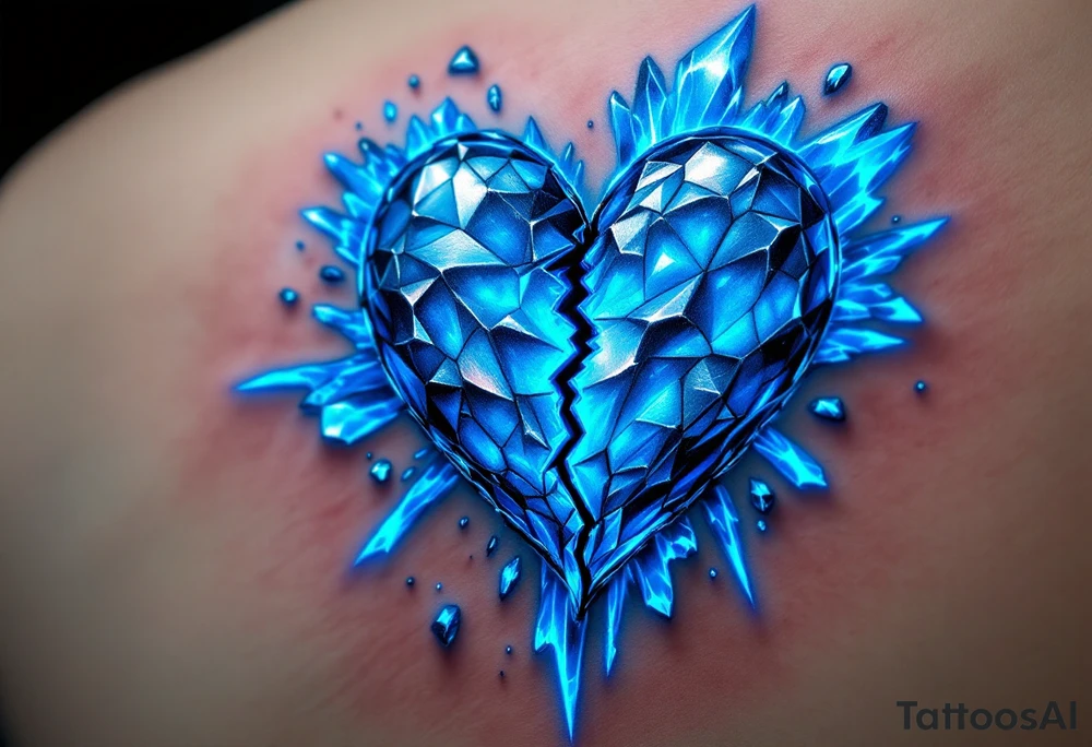 A heart made of blue ice, cracking apart, with glowing cyan shards floating around, representing a love turned cold tattoo idea