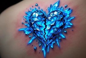 A heart made of blue ice, cracking apart, with glowing cyan shards floating around, representing a love turned cold tattoo idea