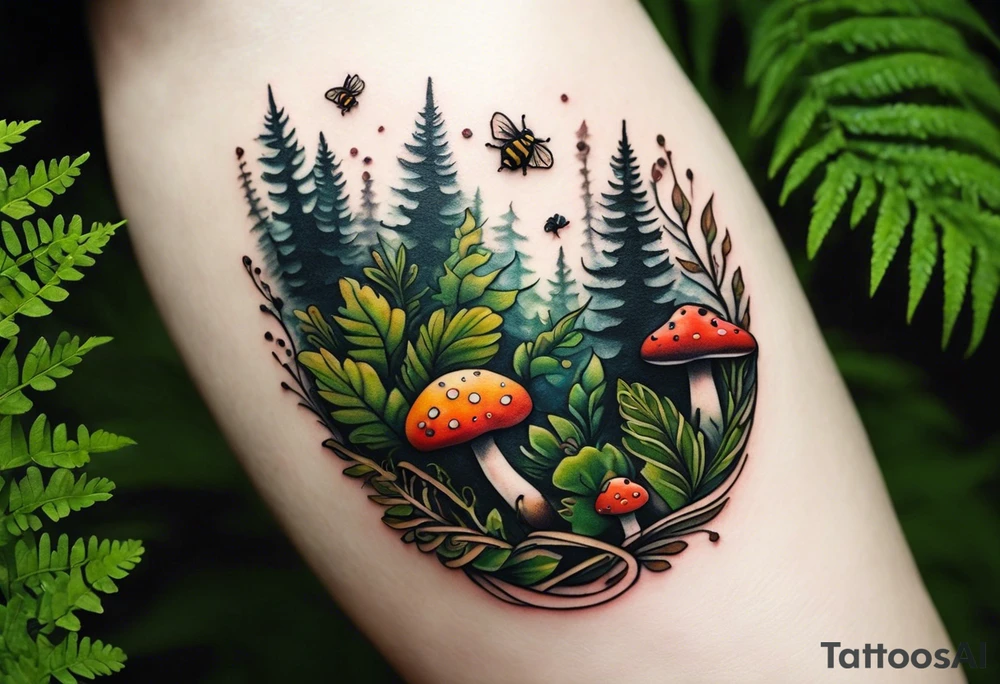 minimalistic forest floor inspired tattoo, which includes grass, moss, curly ferns and dead leaves as the bulk of the tattoo. details to include: forest berries, couple of very small brown mushrooms, a tiny bumblebee flying nearby tattoo idea