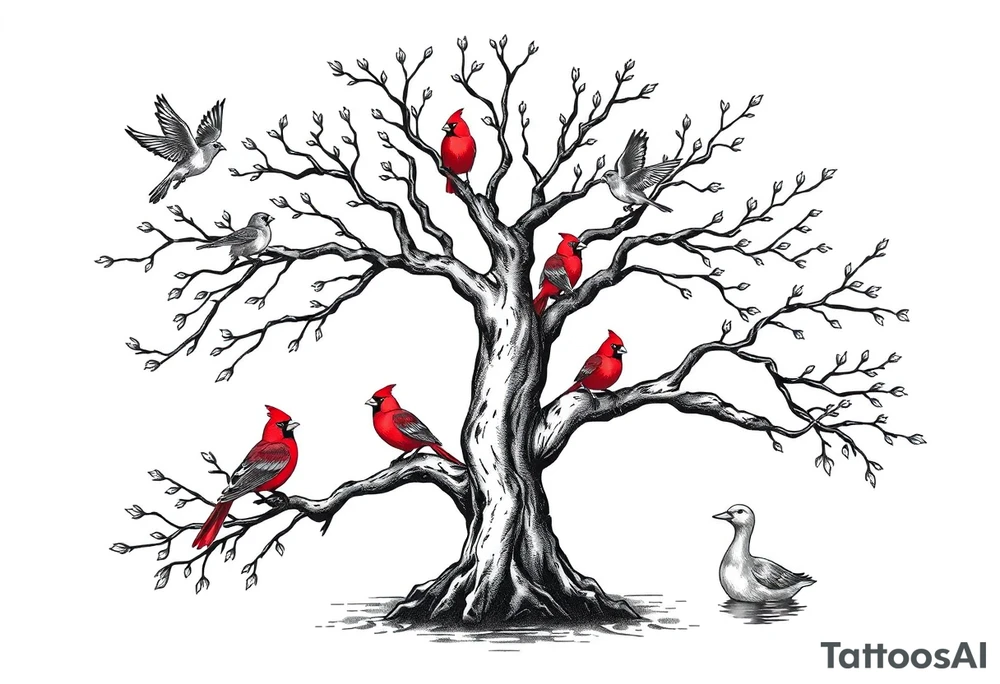 Tree of life with five flying birds two red cardinals sitting on the tree and a duck in a pond tattoo idea