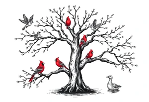 Tree of life with five flying birds two red cardinals sitting on the tree and a duck in a pond tattoo idea