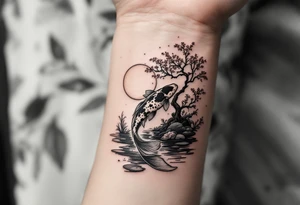 a koi fish swimming UPstream in a pond moonlight by the full moon with a sakura tree by the pond tattoo idea