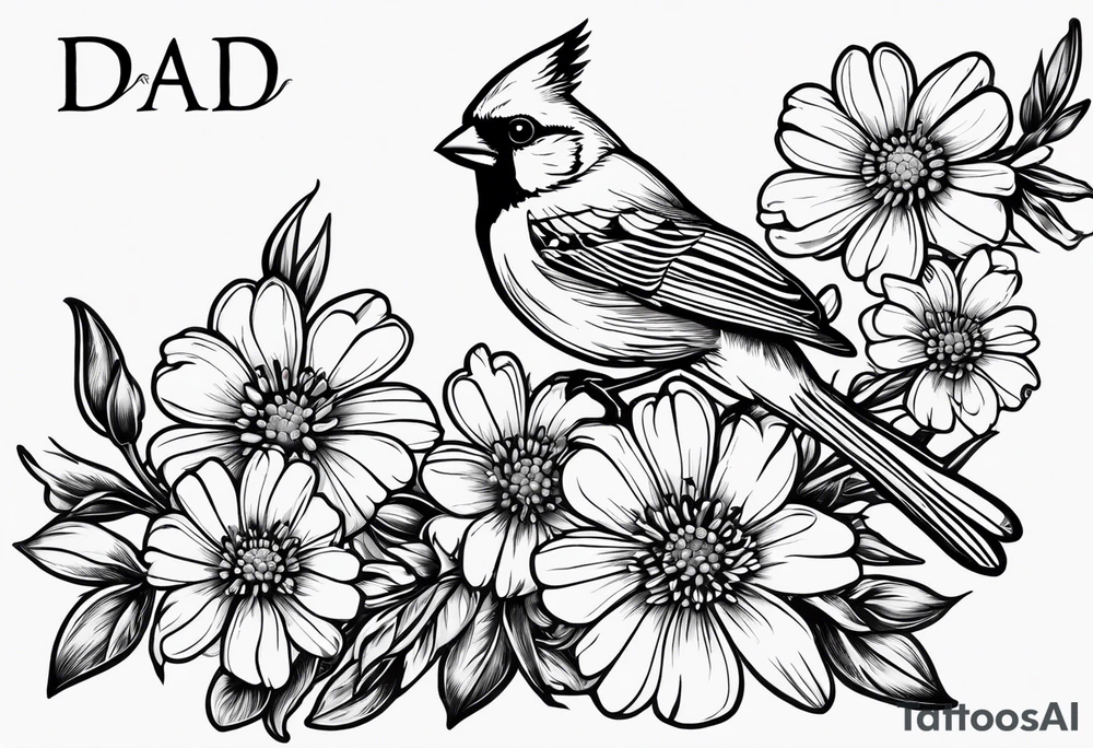 Aster flowers - sea rocket flowers with a cardinal around the words Dad tattoo idea