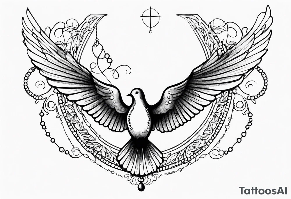 A dove in flight carrying rosary beads tattoo idea