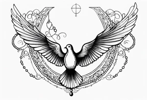 A dove in flight carrying rosary beads tattoo idea