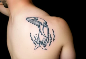 Forearm design, size = most of forearm.   Illustrative B/W with heavy linework, some shading and artistic styling.   Humpback whale that is breaching.  Kelp underwater framing whale as it emerges. tattoo idea
