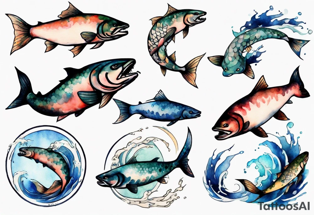 medieval salmon swimming tattoo idea