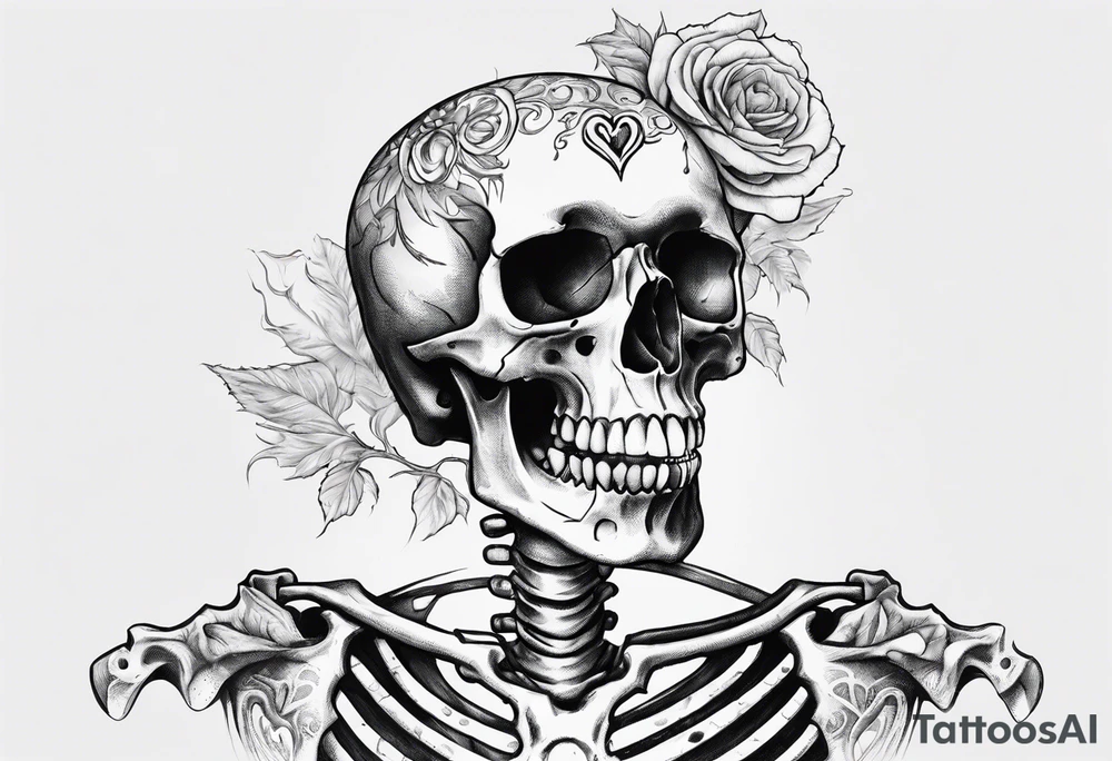 Realistic skeleton with heart shaped eyes. Hs chest has exploded and he is grasping at his heart tattoo idea