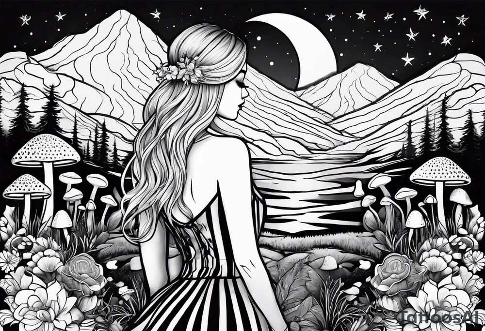 Straight blonde hair girl facing away toward mountains surrounded by mushrooms crescent moon mandala circular design black and white striped dress tattoo idea