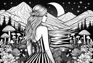 Straight blonde hair girl facing away toward mountains surrounded by mushrooms crescent moon mandala circular design black and white striped dress tattoo idea