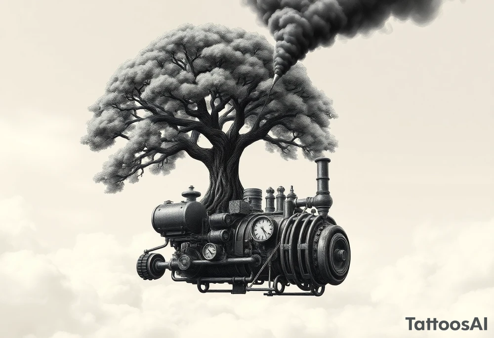 tree growing out of a v shaped engine with lots of pipes, guages and steam around the engine 
 with a smoke stack coming out of the top 
 billowing black smoke as if the tree and engine were a flying machine flying through the air 
 with an extreme steam punk vibe alot more steam punk 
it should look somewhat like a hot air baloon where the tree is the balloon and the machine is the basket but they are together as one unit, and the sky should have clouds in the back ground as if it were chugging along flying through the sky and needs to look extremely steam punk
the smoke stack should be coming out of the tree and the smoke should be trailing behind the machine 
the tree is the actual smoke stack for the machine 
the smoke stack should be a branch pointing up and out with smoke billowing out of it 
and the motor should be a motor that is kind of shaped like the letter V tattoo idea