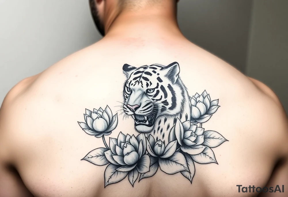 fierce tiger emerging through blooming lotus flowers in mist tattoo idea fierce tiger emerging through blooming lotus flowers in mist tattoo idea
