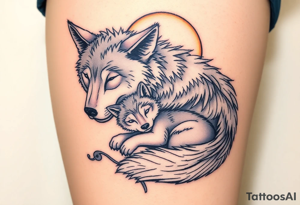 A mother wolf and her pup snuggled together, with soft gray and white fur details and a glowing full moon in the background, symbolizing fierce protection and guidance tattoo idea