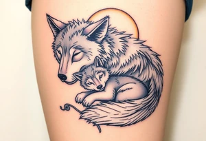 A mother wolf and her pup snuggled together, with soft gray and white fur details and a glowing full moon in the background, symbolizing fierce protection and guidance tattoo idea