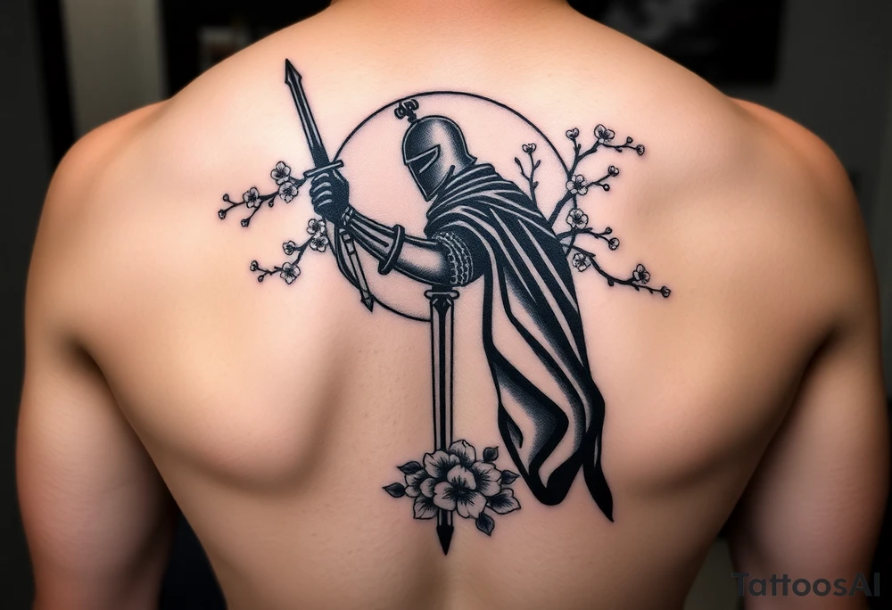 noble knight silhouette at sunset with cherry blossoms tattoo idea
