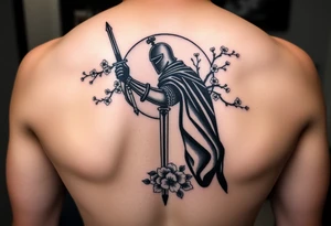 noble knight silhouette at sunset with cherry blossoms tattoo idea