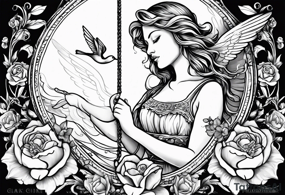 crying broken angel on swing add rose, lily daffodil, daisy, carnation narcissus around add hummingbird tattoo idea