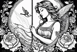 crying broken angel on swing add rose, lily daffodil, daisy, carnation narcissus around add hummingbird tattoo idea