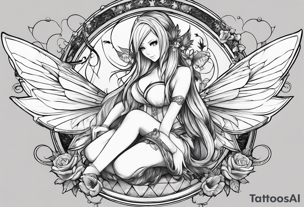 No color sketch of a fairy with a tail inspired by the guild symbol in the anime show called Fairy Tail in a fetal position leaning forward while crawled in and her body is an angle while floating in the air with big wings tattoo idea