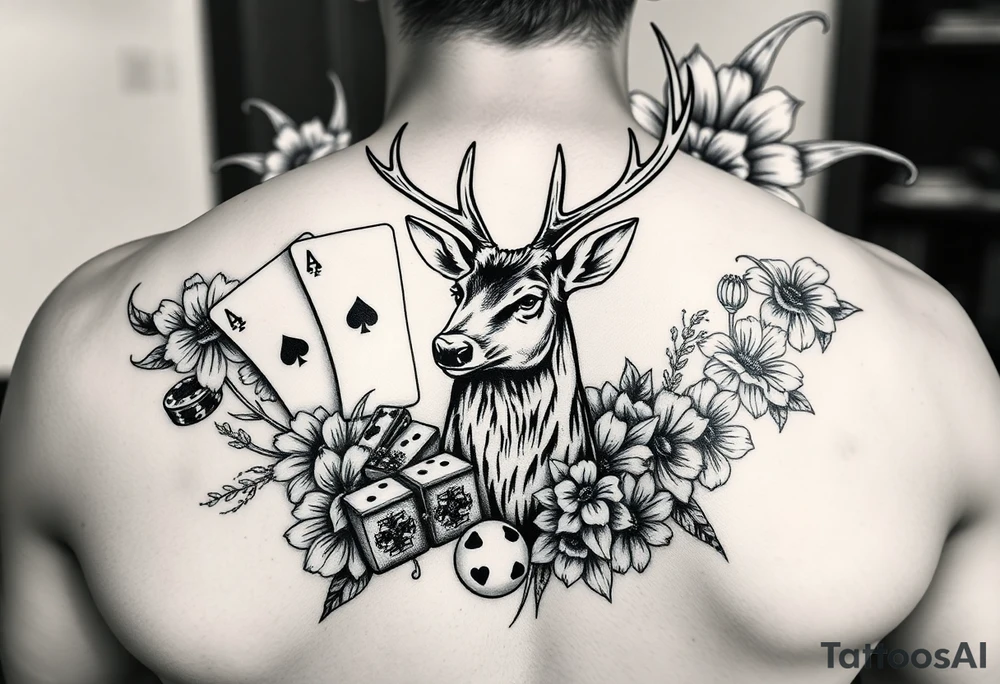 Casino theme with deer cards, dice poker, chips, and flowers and swirls in the background for a sleeve half sleeve tattoo idea